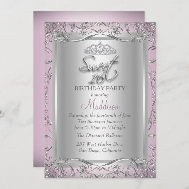 Argent rose Damask Tiara Sweet 16 Invitation (Devant / Derrière)