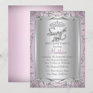 Argent rose Damask Tiara Sweet 16 Invitation