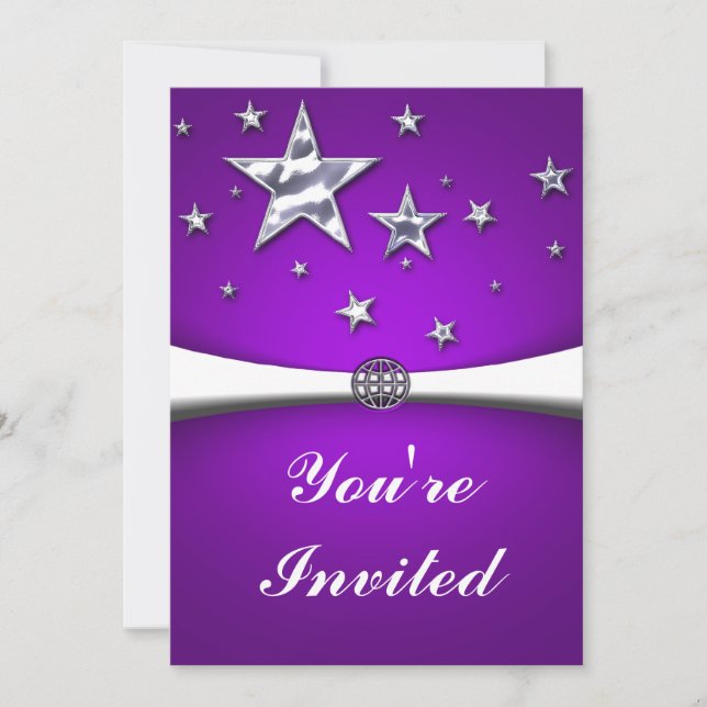 Argent Stars Purple Party Invitation (Devant)