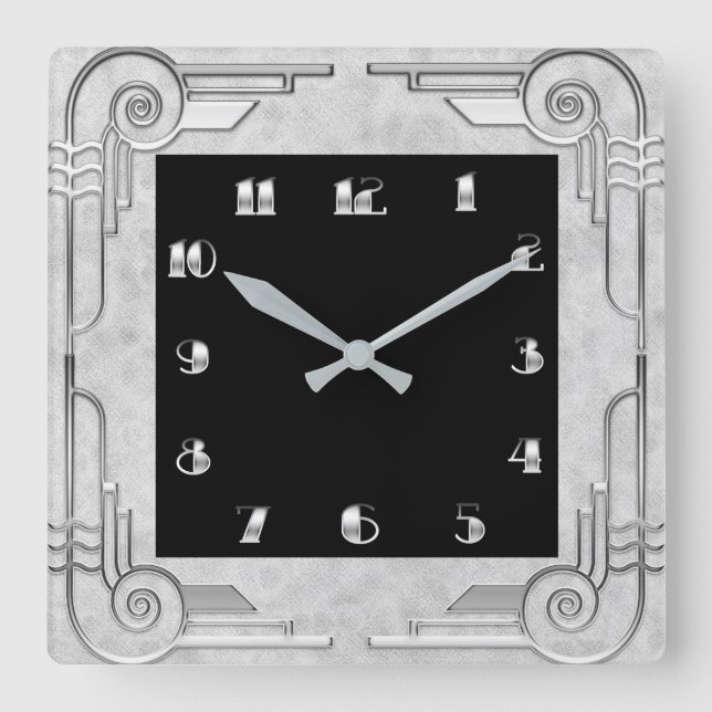Argent Style Art Déco Carré Horloge murale (Recto)