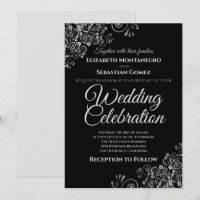 Argent sur Noir Simple Élégant Mariage Invitation