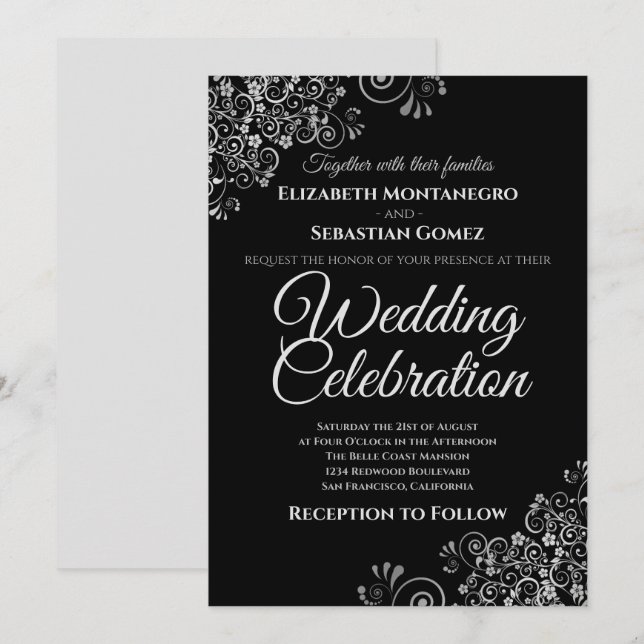 Argent sur Noir Simple Élégant Mariage Invitation (Devant / Derrière)