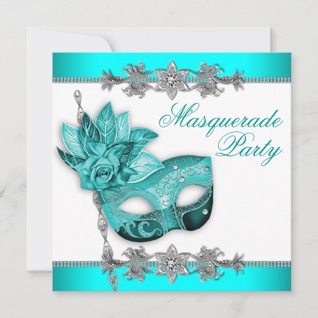 Argent Turquoise Bleu Masquerade Invitations (Devant)