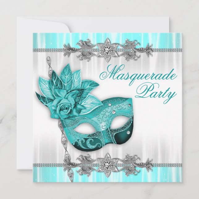Argent Turquoise Bleu Masquerade Invitations (Devant)