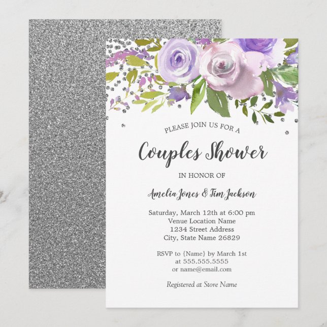 Argent Violet Floral Couples Douche Invitation (Devant / Derrière)