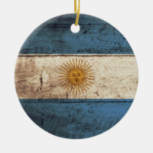 Argentina Flag on Old Wood Grain Ceramic Ornament