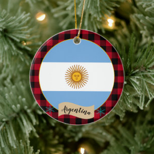 Argentina, Red buffalo plaid & Argentina Flag Ceramic Ornament