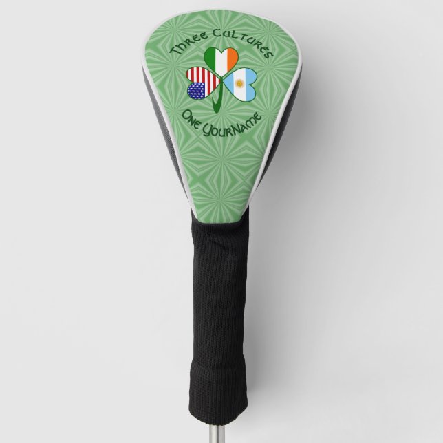 Argentina USA Ireland Flags Shamrock Personalized  Golf Head Cover (Front)