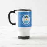 Argentine Flag Hanukkah Angel Year Personalized  Travel Mug<br><div class="desc">Celebrate Hanukkah with a travel mug showing an angel dressed in the Argentine flag. The flag of Argentina flies in the centre of a white fractal of squiggly squares on a background of blue squiggly squares. Add your name, or someone else's name, if giving as a gift, to personalize. Customize...</div>