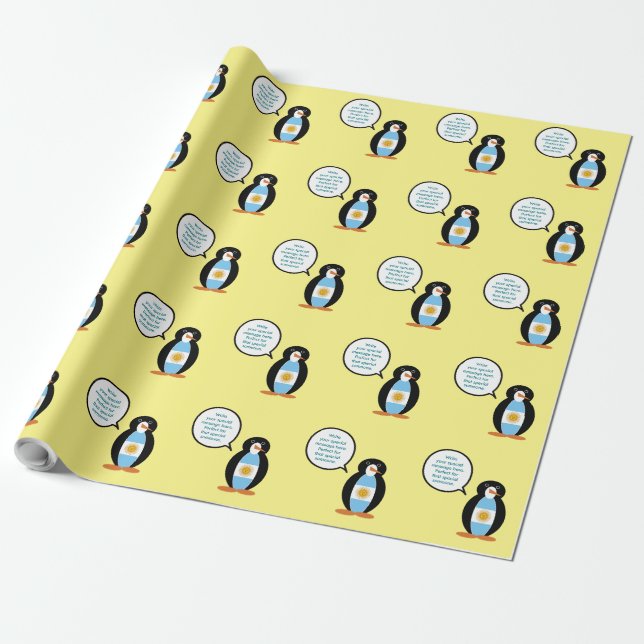 Argentine Flag Talking Ms Penguin Personalized Wrapping Paper (Unrolled)