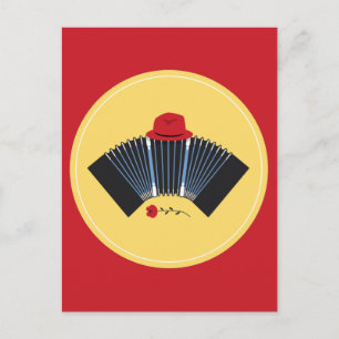 Argentine Tango Bandoneon with Red Fedora and Rose Postcard