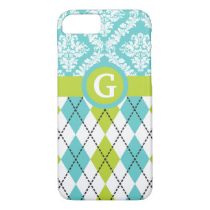 Argyle and damask pattern green, aqua monogram Case-Mate iPhone case