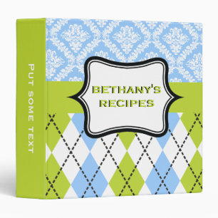 Argyle and damask pattern green, blue recipe binder