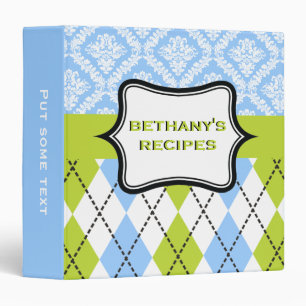 Argyle and damask pattern green, blue recipe binder
