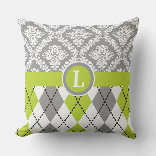 Argyle and damask pattern green, grey monogram throw pillow (Front)