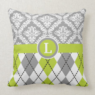 Argyle and damask pattern green, grey monogram throw pillow