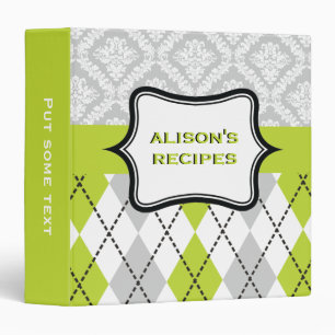 Argyle and damask pattern green, grey recipe binder