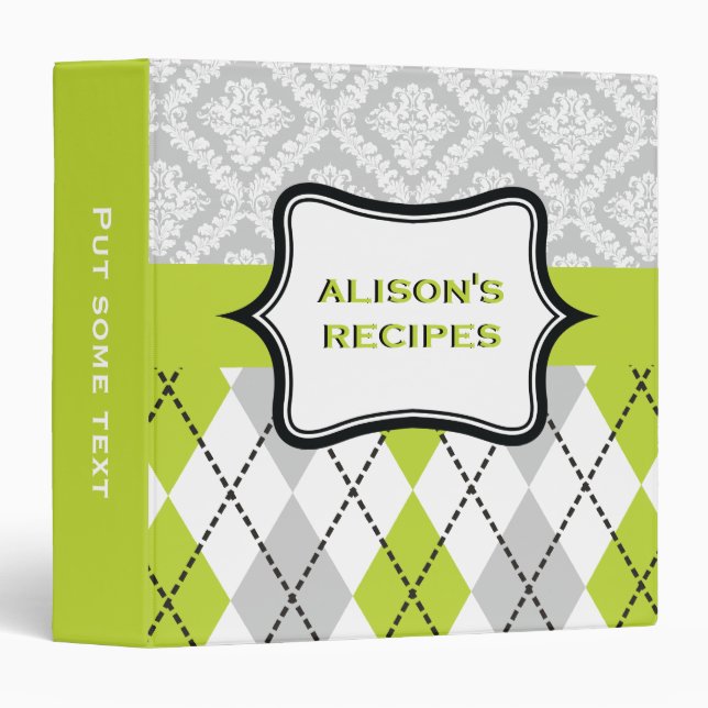 Argyle and damask pattern green, grey recipe binder (Front/Spine)