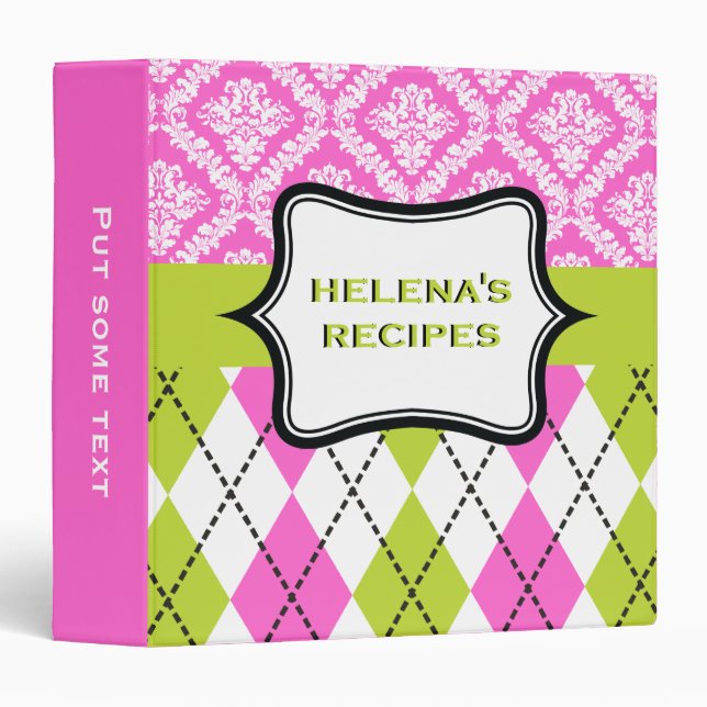 Argyle and damask pattern green, hot pink recipe binder (Front/Spine)