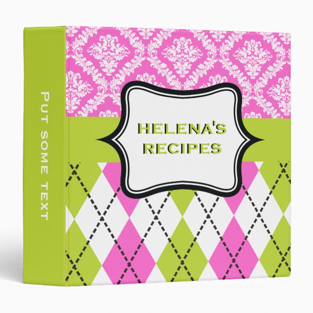 Argyle and damask pattern green, hot pink recipe binder (Front/Spine)