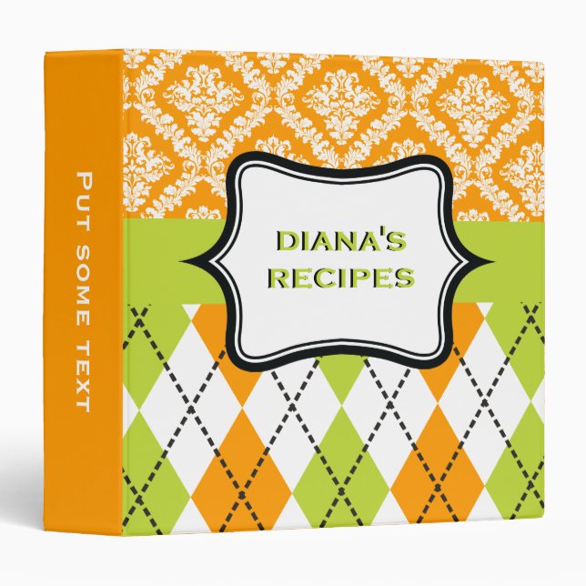 Argyle and damask pattern green, orange recipe binder (Front/Spine)