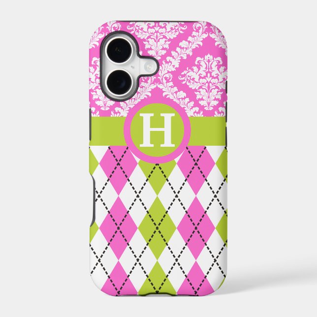Argyle and damask pattern green, pink monogram (Back)