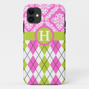 Argyle and damask pattern green, pink monogram iPhone 11 case