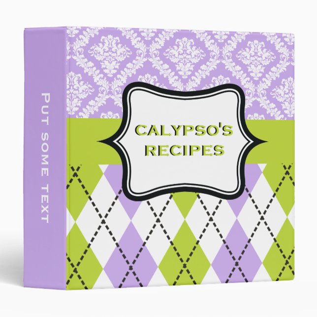 Argyle and damask pattern green, purple recipe binder (Front/Spine)