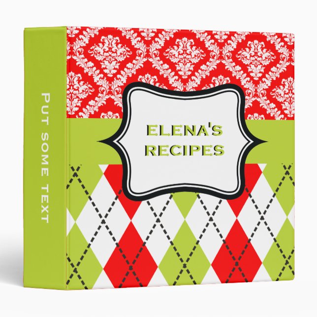 Argyle and damask pattern green, red recipe binder (Front/Spine)