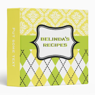Argyle and damask pattern green, yellow recipe binder