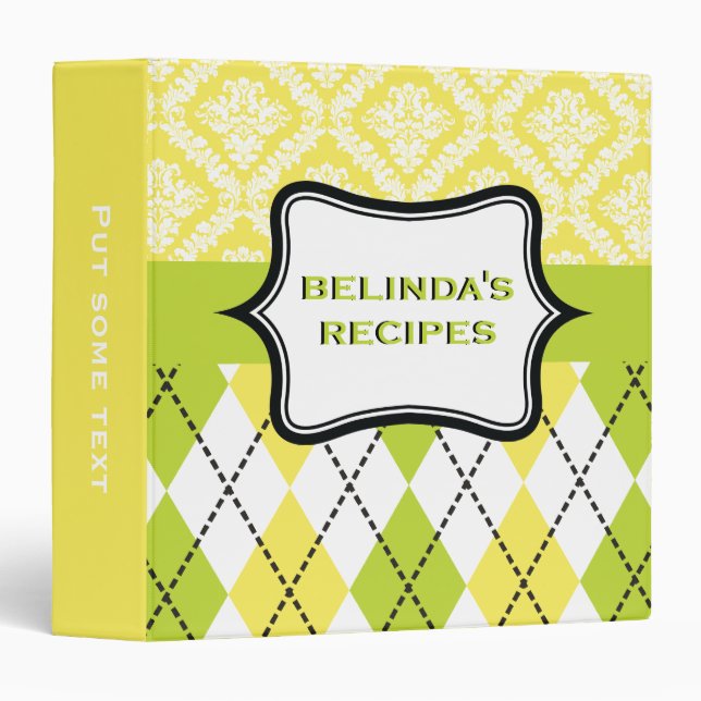 Argyle and damask pattern green, yellow recipe binder (Front/Spine)