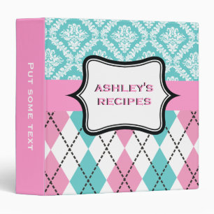 Argyle and damask pattern pink, aqua recipe binder