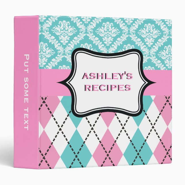 Argyle and damask pattern pink, aqua recipe binder (Front/Spine)