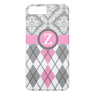 Argyle and damask pattern pink, grey monogram iPhone 8 plus/7 plus case