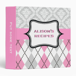 Argyle and damask pattern pink, grey recipe binder