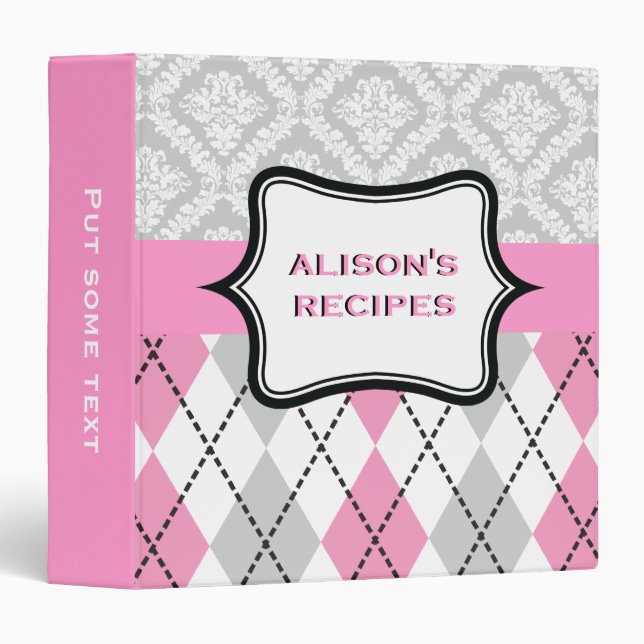 Argyle and damask pattern pink, grey recipe binder (Front/Spine)
