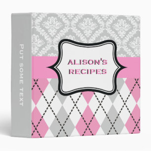 Argyle and damask pattern pink, grey recipe binder