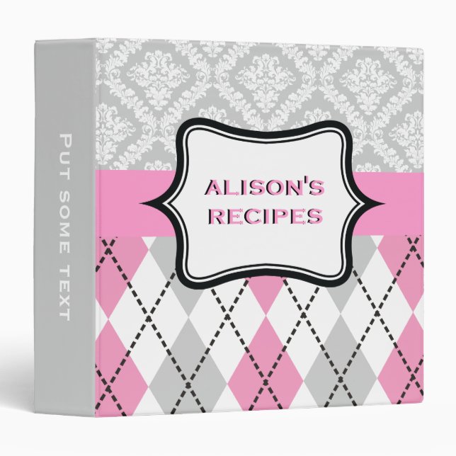 Argyle and damask pattern pink, grey recipe binder (Front/Spine)