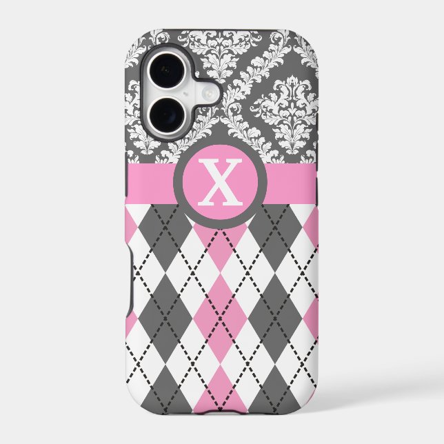 Argyle and damask pattern pink, yellow monogram (Back)