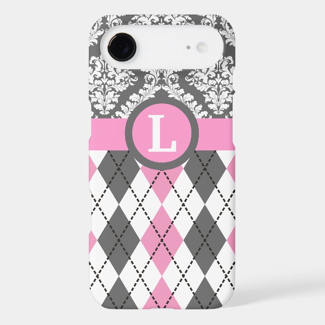 Argyle and damask pattern pink, yellow monogram Case-Mate iPhone case (Back)