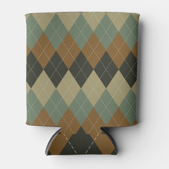 Argyle Autumn: Brown-Green Rhombus Chic Can Cooler (Front)