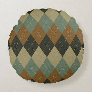 Argyle Autumn: Brown-Green Rhombus Chic Round Pillow