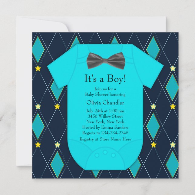 Argyle Blue Yellow Baby Boy Shower Invitation (Front)