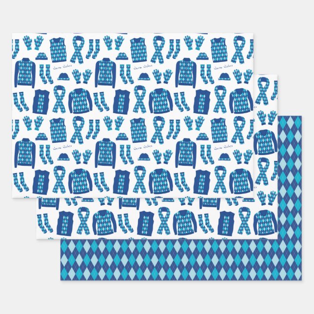 Argyle Clothes Illustration in Blue Wrapping Paper Sheet (Set)