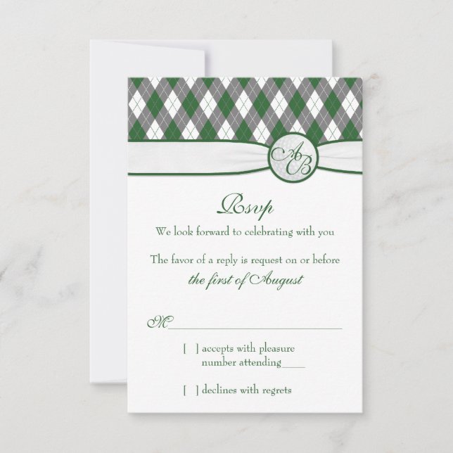Argyle Golfball Golf Green Monogram Wedding RSVP (Front)