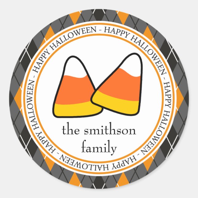 Argyle Happy Halloween Candy Corn (Black / Orange) Classic Round Sticker (Front)