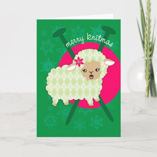 Argyle lamb sheet knitting needles Christmas card (Front)