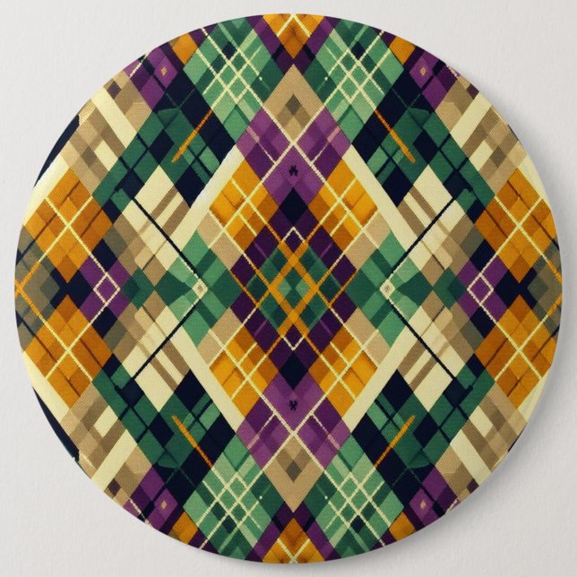 Argyle Mardi Gras yellow purple green 6 Inch Round Button (Front)