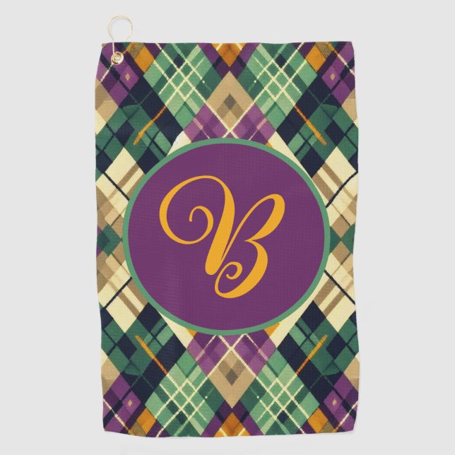 Argyle Mardi Gras yellow purple green Golf Towel (Front)