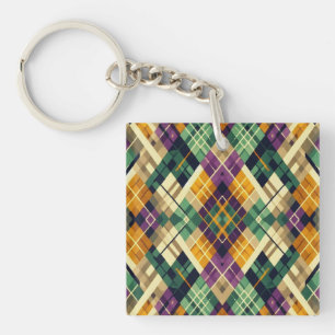 Argyle Mardi Gras yellow purple green Keychain